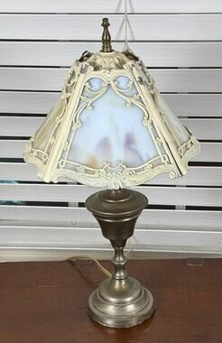 Antique c. 1920 Slag Glass Table Lamp 4 Panel Ornate Metal Shade